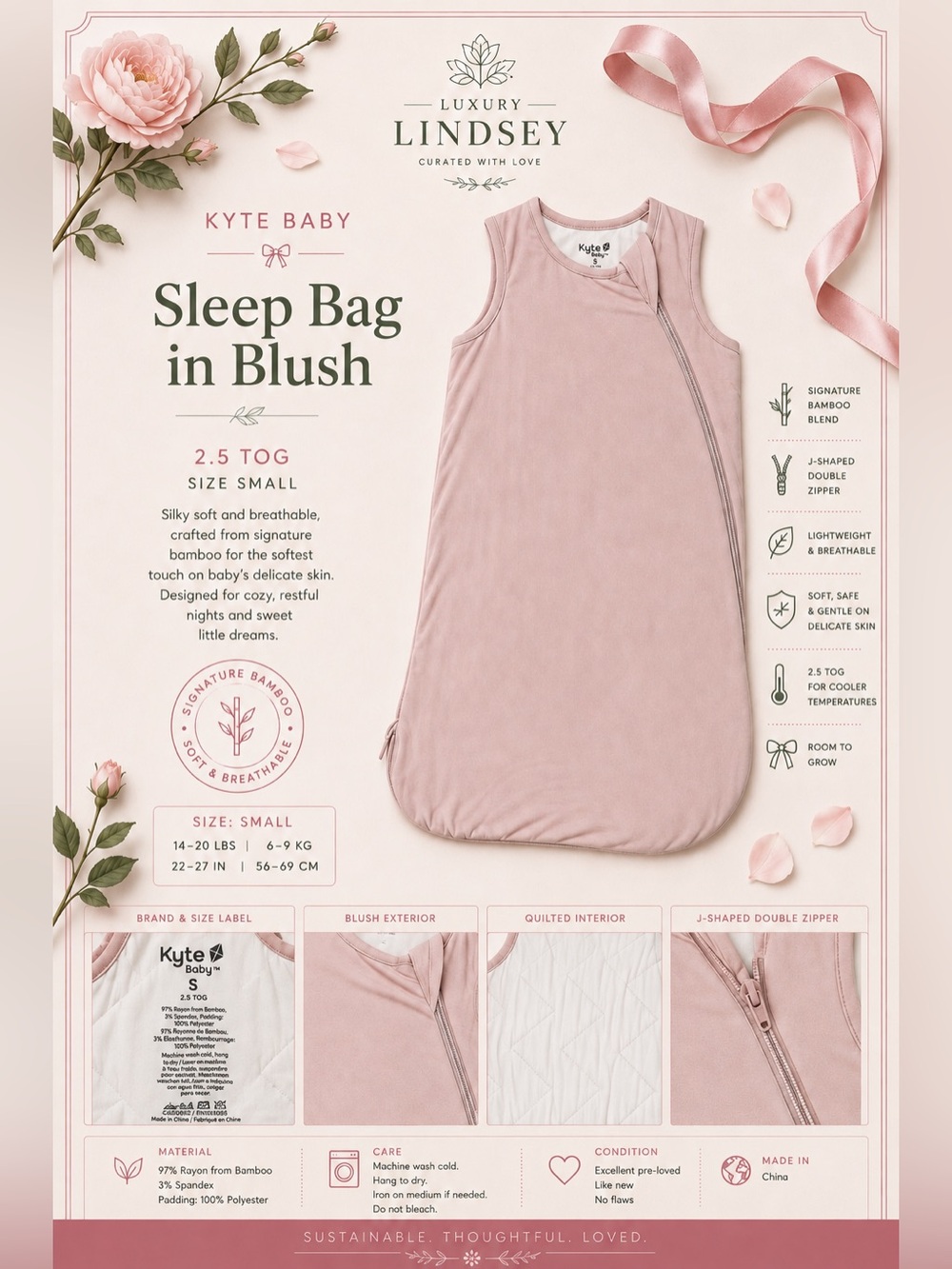 Kyte BABY Bamboo Sleep Bag — Blush | 2.5 TOG | Small